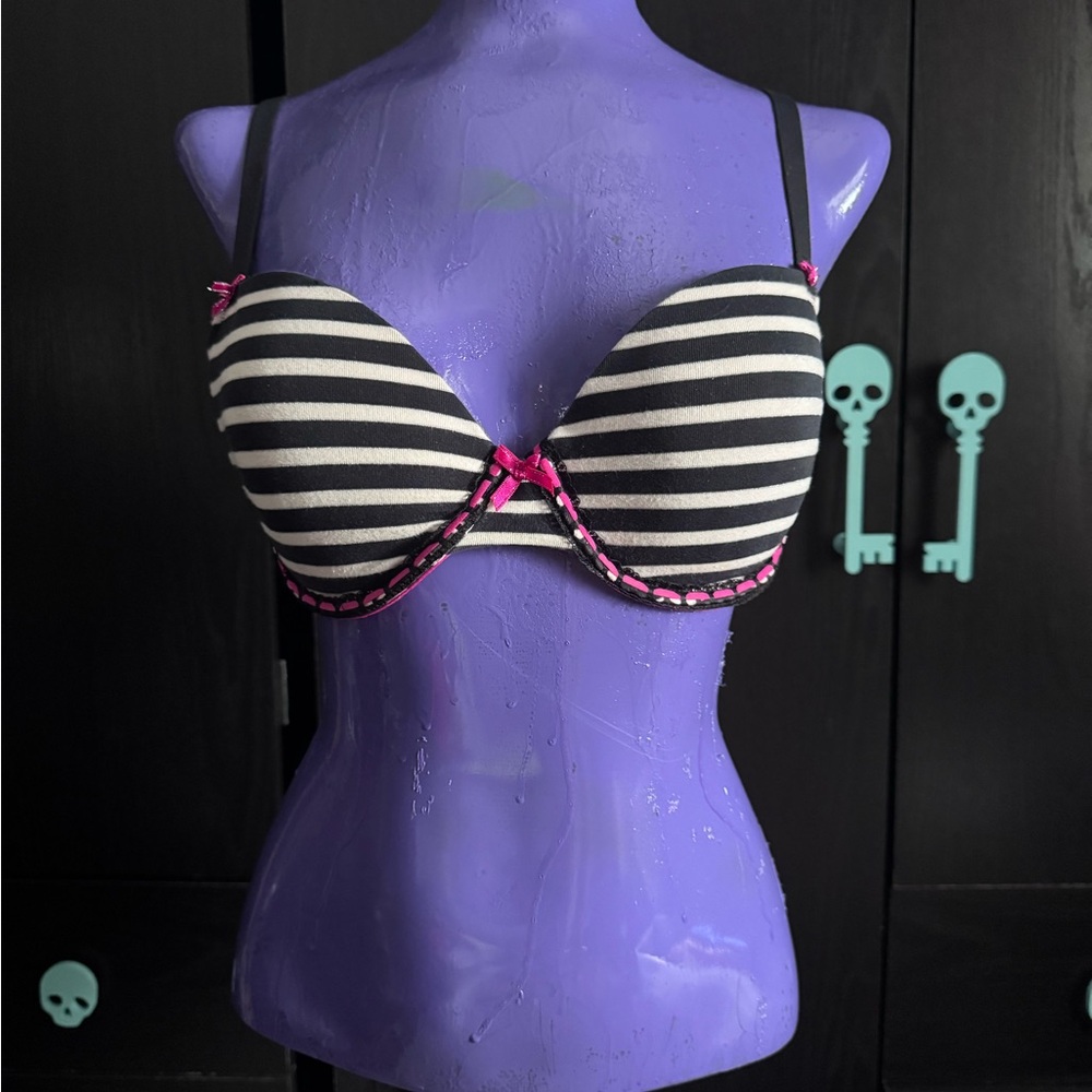La SENZA Black and White Striped Bra with Pink Trim